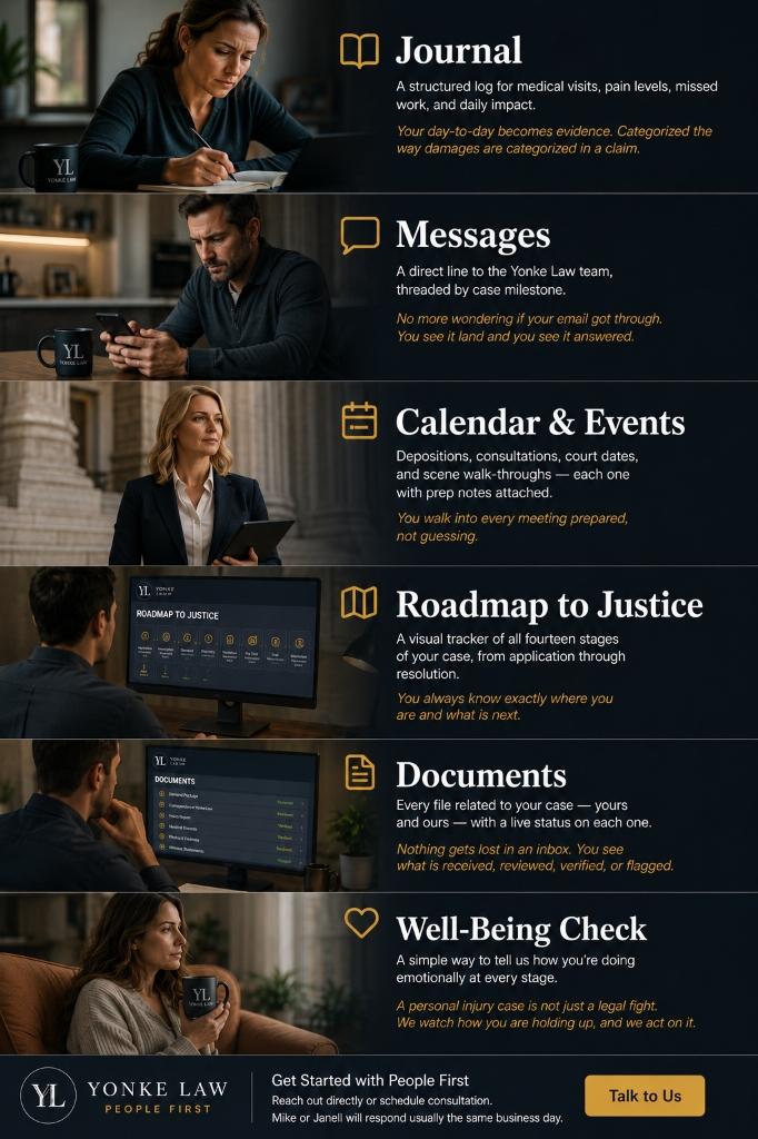 People First portal — Journal, Messages, Calendar & Events, Roadmap to Justice, Documents, and Well-Being Check